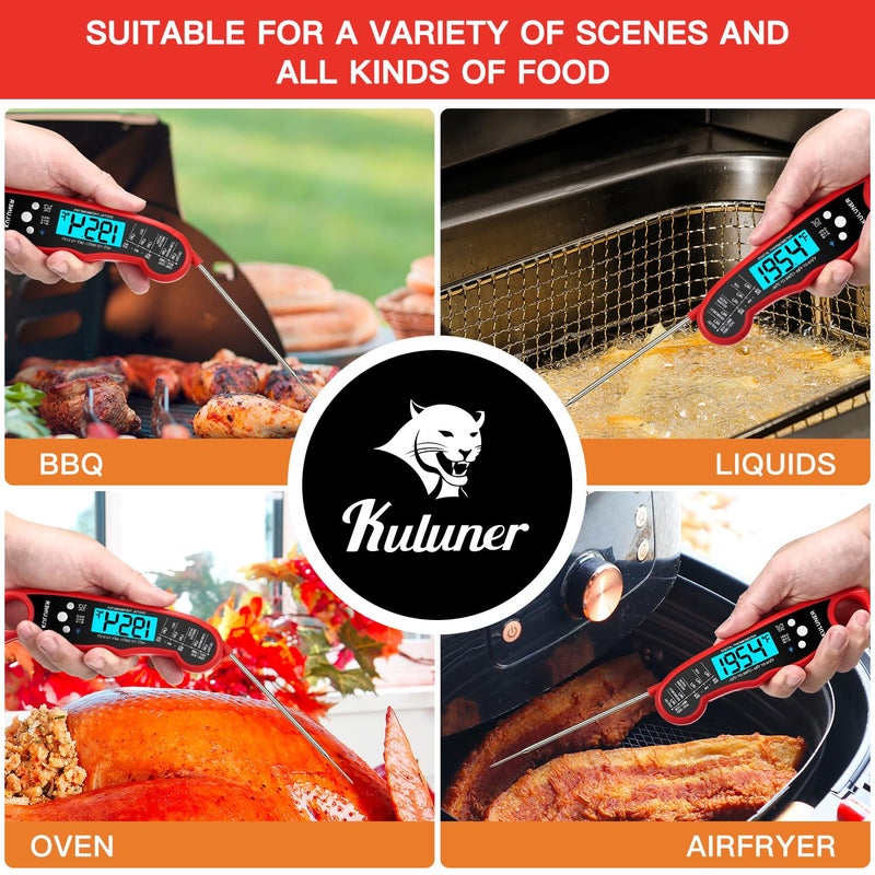 KULUNER TP-01 Waterproof Digital Instant Read Meat Thermometer with 4.6 Folding Probe Backlight Calibration Function for Cooking Food Candy, BBQ Grill, Liquids,Beefï¼ˆRedï¼‰ - Image 3